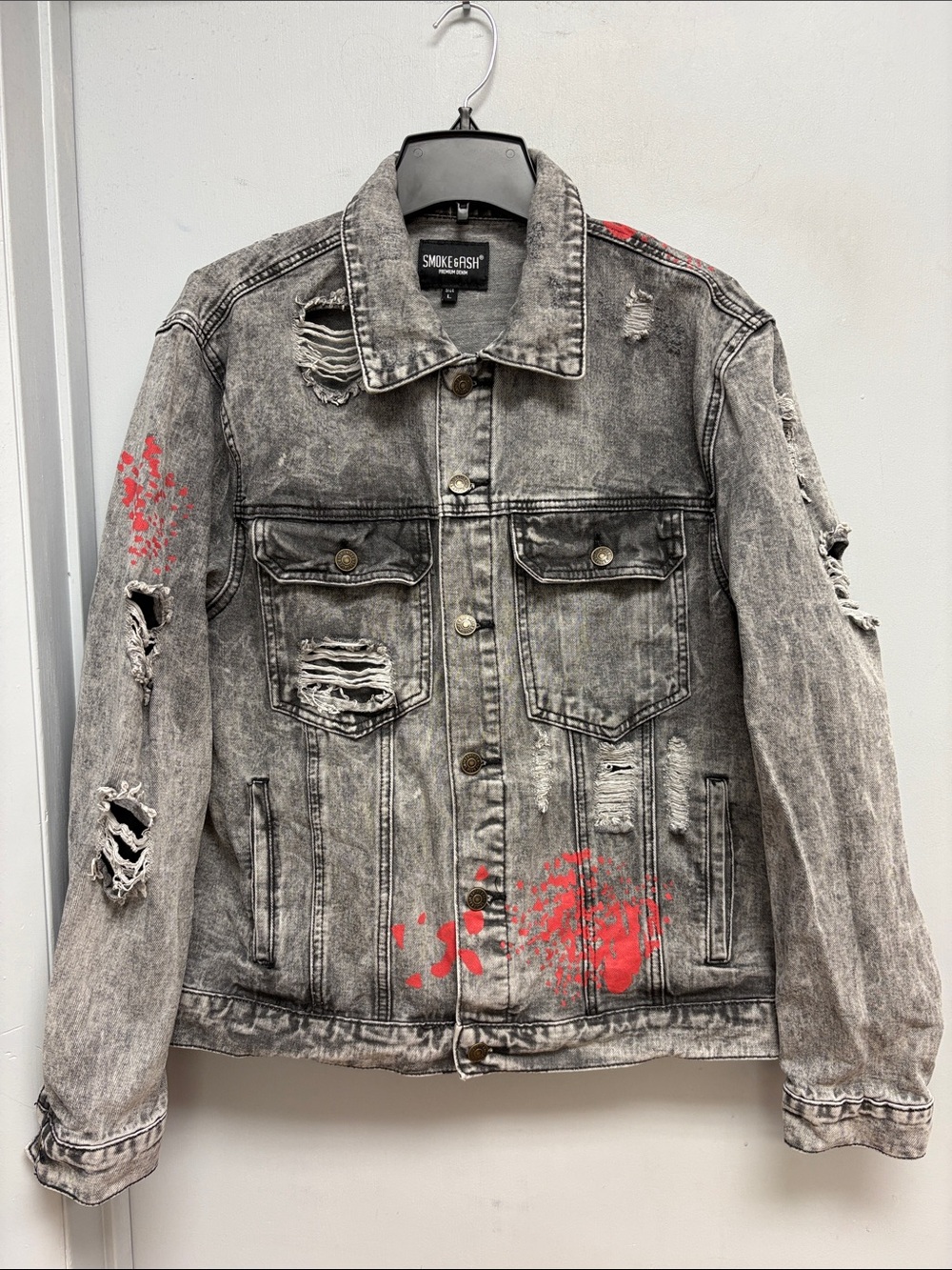 Smoke & Ash Premium Denim Samurai Graphic Distressed Jacket Gray Size L